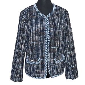 Talbots Womens Navy Blue Plaid Tweed Braided Trim Open Front Jacket Size 12